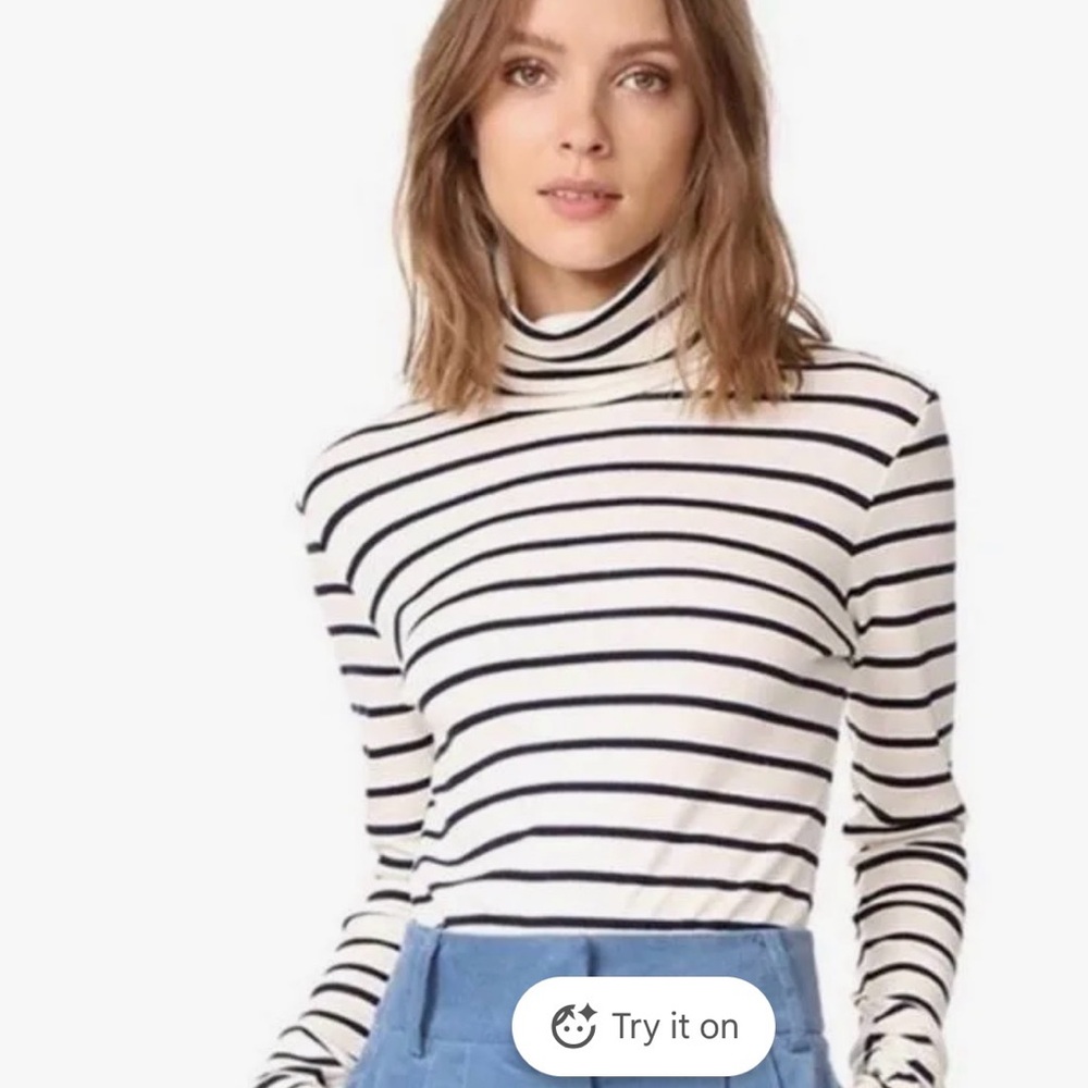 Veronica Beard Ivory Navy Striped Cotton Long Sleeved Turtleneck Top XS